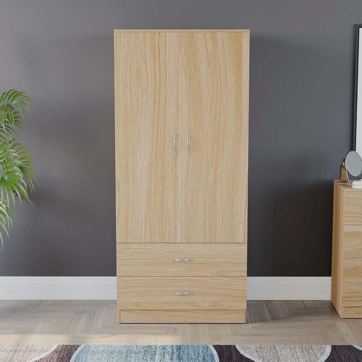 2 Door Wardrobe with Drawers & Rail, Pine Bedroom Storage Unit Tall