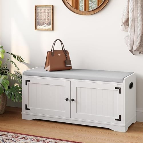 White Shoe Storage Bench with Cushion Seat 2-Door Cabinet Adjustable Shelves