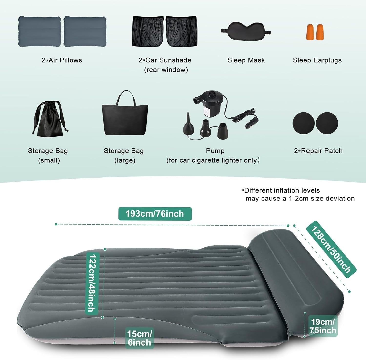 Inflatable Car Air Mattress with Built-In Pillow, Double-Sided Flocked Bed