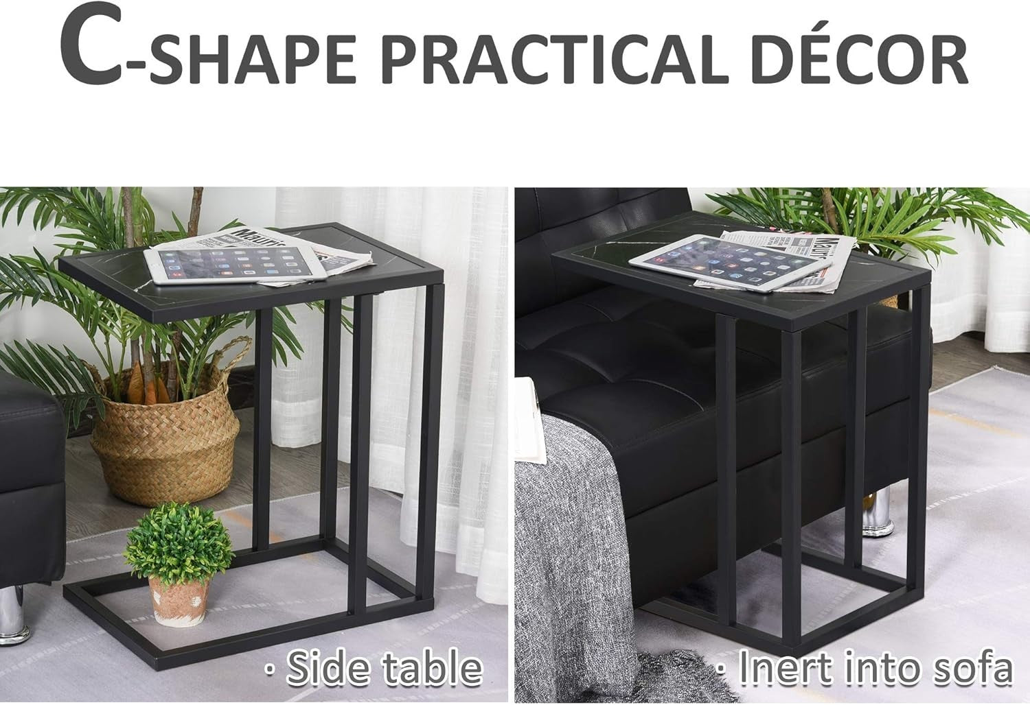 C Shape Side Table Black Marble | Slim Metal Frame Sofa Snack Coffee Stand