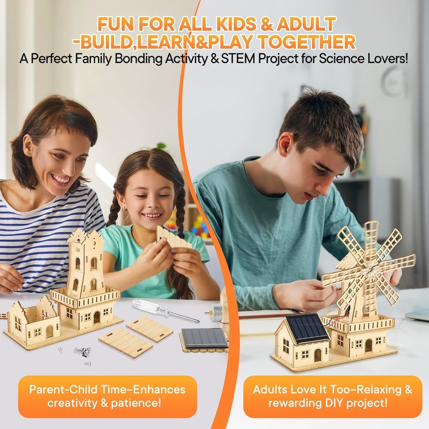 Solar Powered 3D Wooden Windmill Puzzle – STEM Educational Toy Kit
