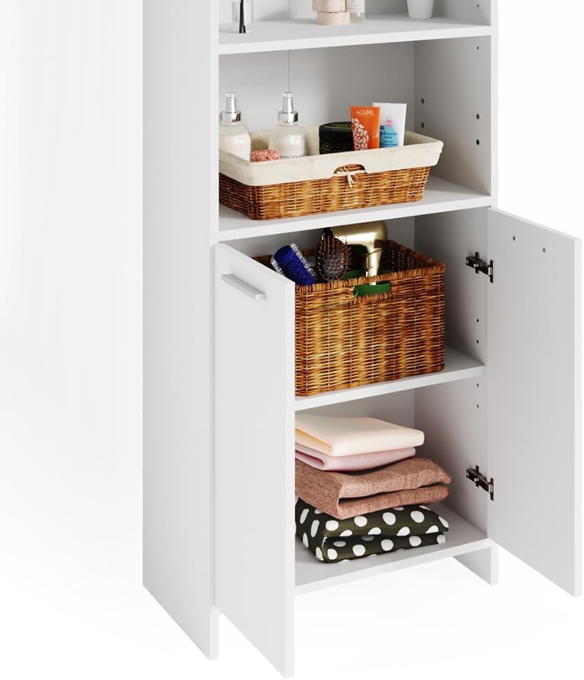 White Bathroom Storage Cabinet with Adjustable Shelves & Doors – 56x190 cm
