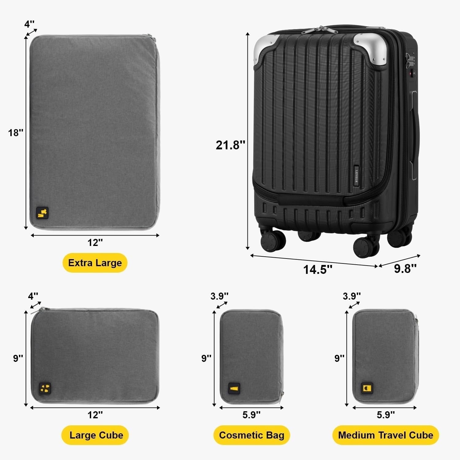 55cm Expandable Cabin Suitcase ABS PC 4 Wheel TSA Laptop + Organiser Set