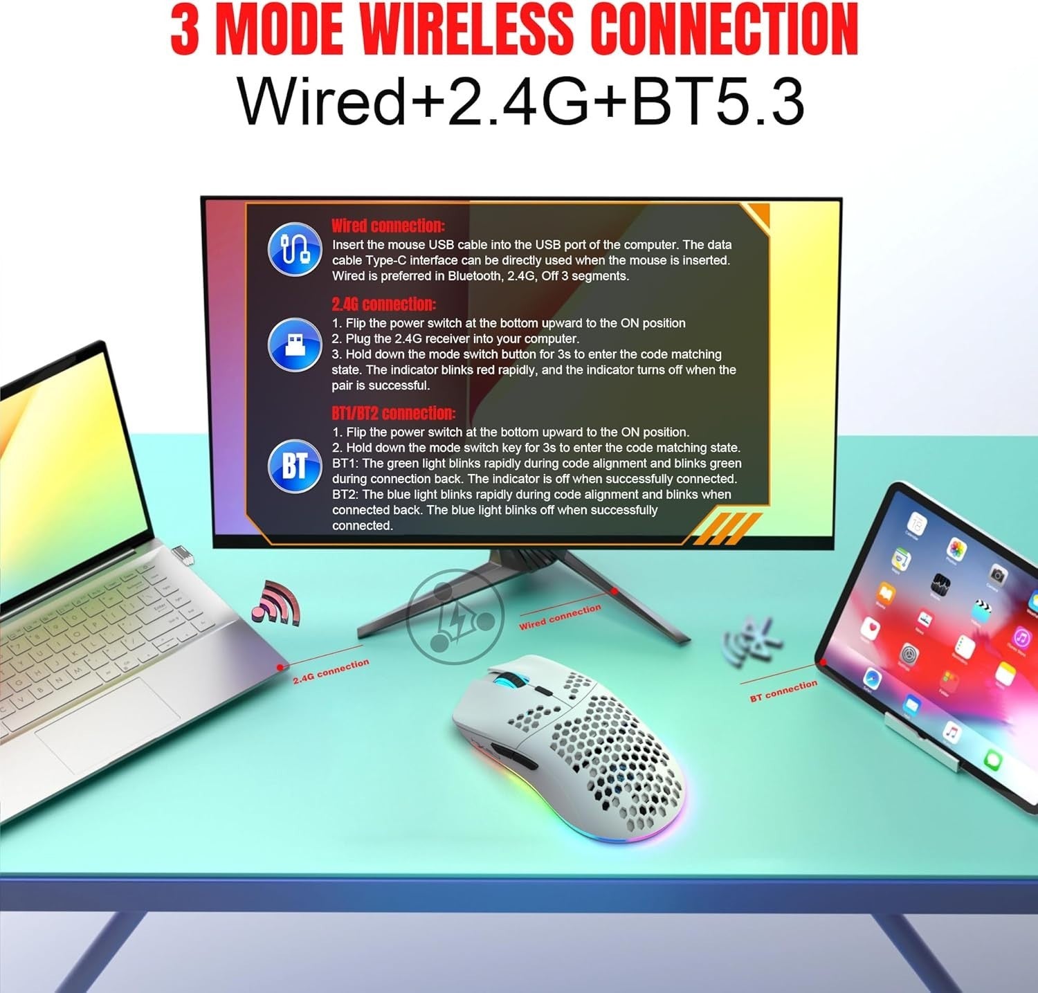 Wireless RGB Gaming Mouse 3600 DPI Honeycomb Lightweight