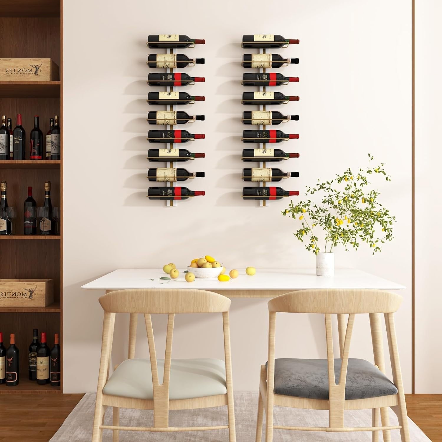Wall Mounted Wine Rack Metal & Wood Bottle Holder 7-Tier Modern Display Shelf