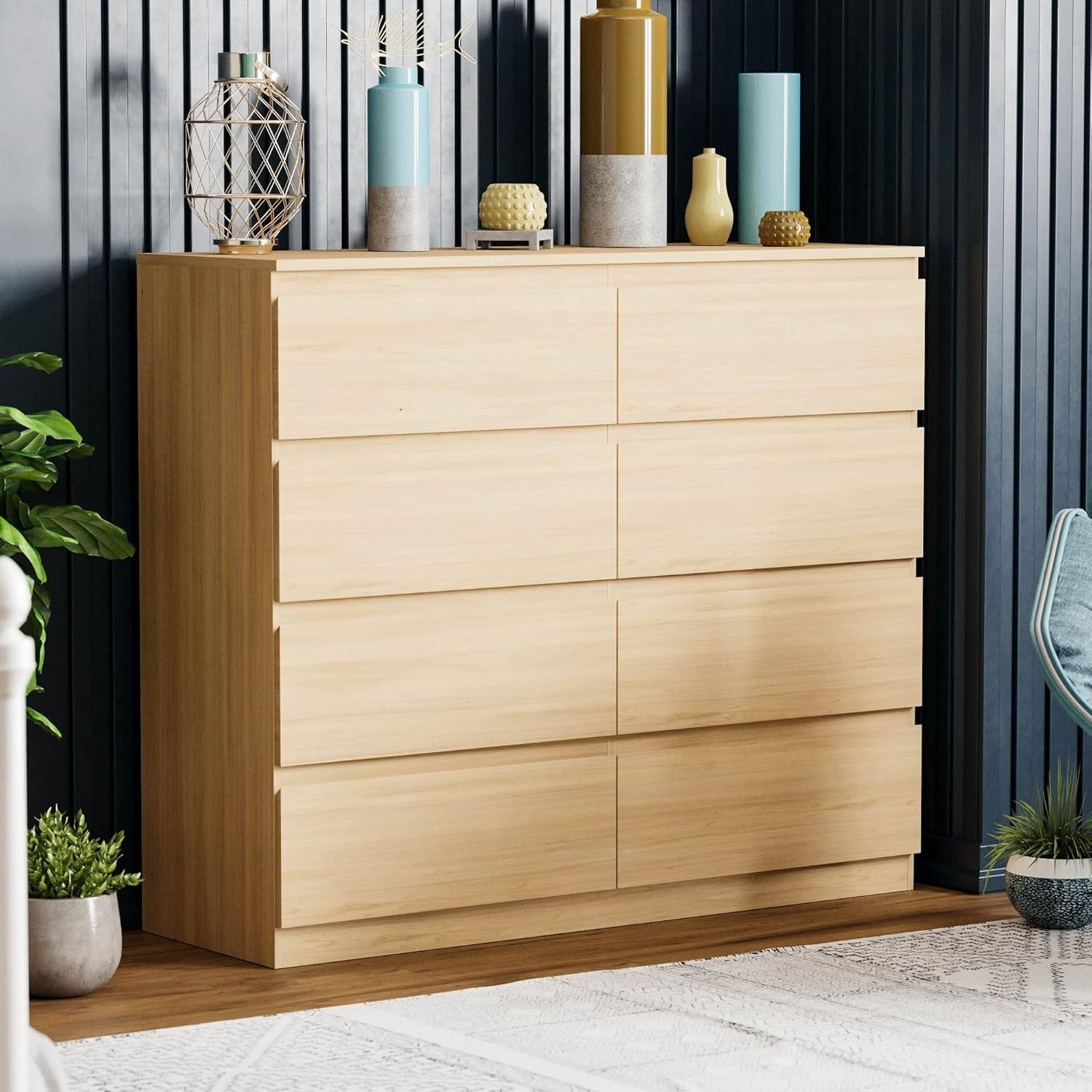 8 Drawer Chest Modern Wide Tallboy Storage Unit Pine Wood Finish
