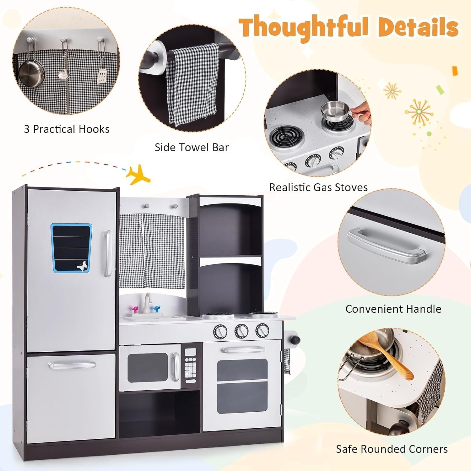 Wooden Kids Play Kitchen Pretend Cooking Set w/ Fridge Oven Sink