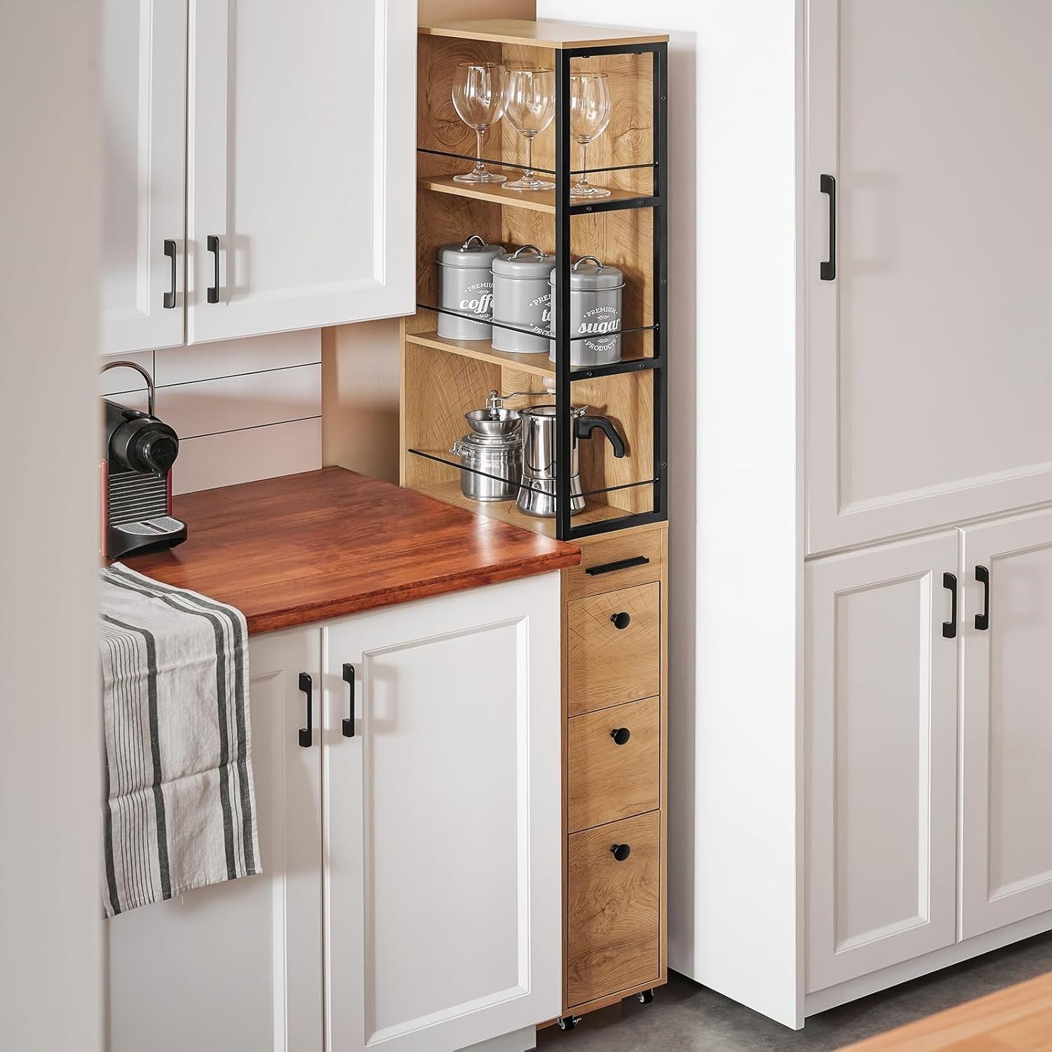 Slim Tall Kitchen Trolley, 3 Drawers & Shelves, Mobile Storage W20xD40xH170cm