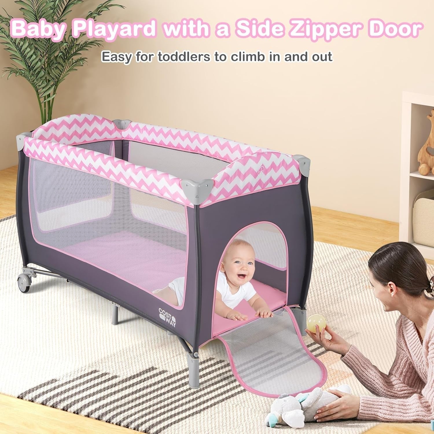4in1 Travel Cot Baby Bedside Foldable Crib Bassinet Portable Playard Pink