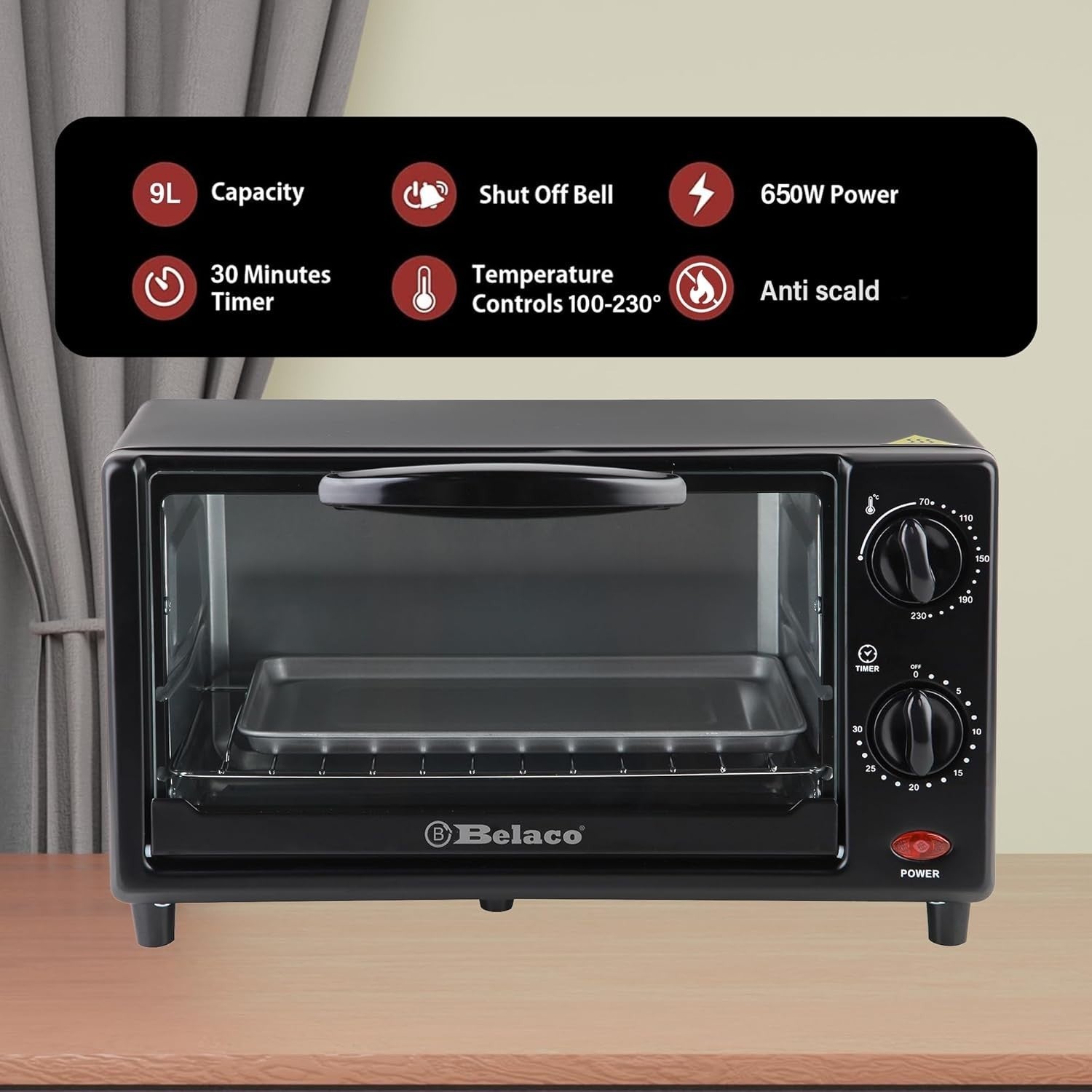 Compact 9L Toaster Oven 650W Adjustable Temp 100-250°C Baking & Toasting