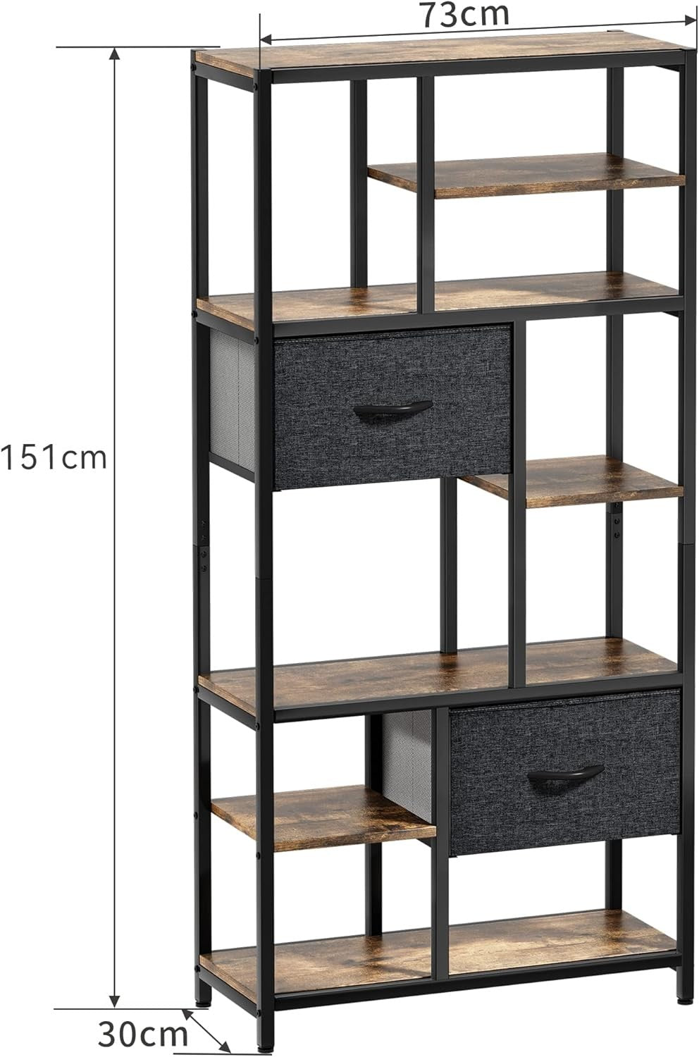 7-Tier Rustic Industrial Bookshelf with Drawers, Tall Display Storage Unit