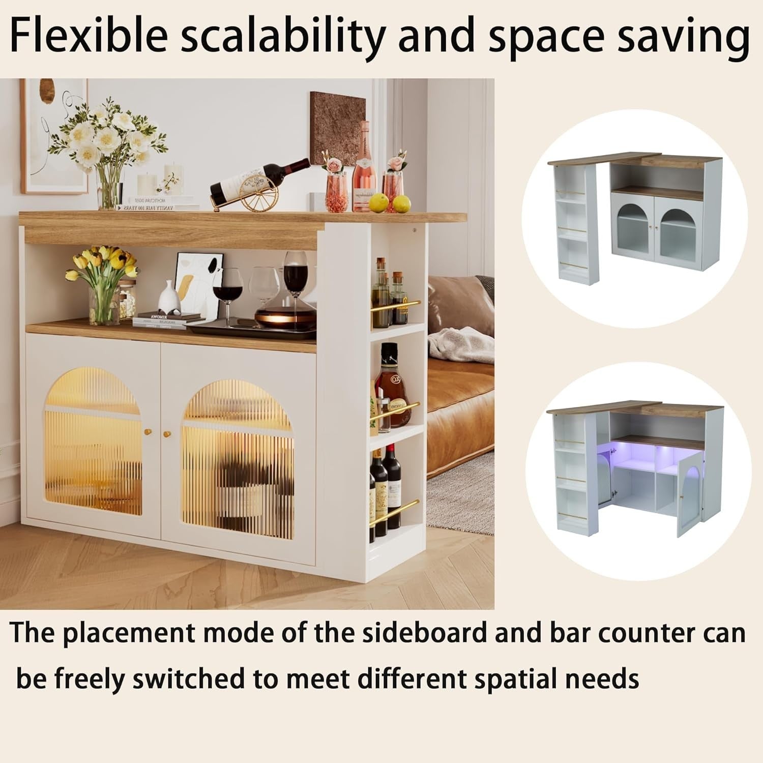 Extendable White Bar Table w/ LED Storage Cabinet Shelves 138×39×105cm Furniture