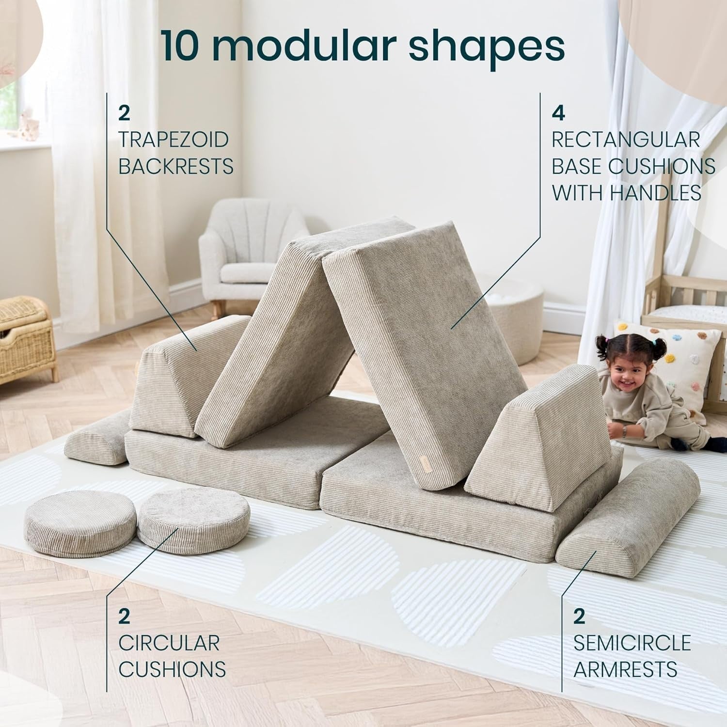 Modular Kids Play Sofa 10 Piece Corduroy Couch Toddler Sofa Bed Mushroom