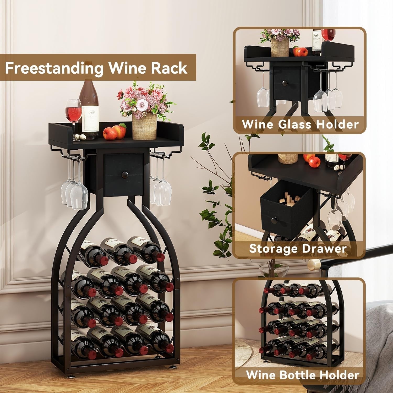 Freestanding Wine Rack 15 Bottle Storage with Glass Holder & Drawer Home Bar