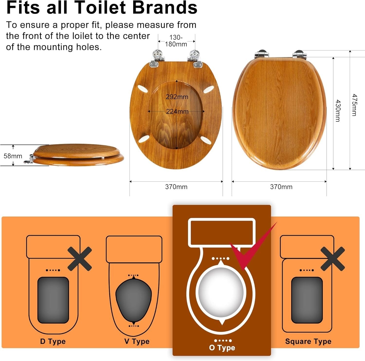 Antibacterial Wooden Toilet Seat Soft Close Quick Release Oval Oak 45x37cm