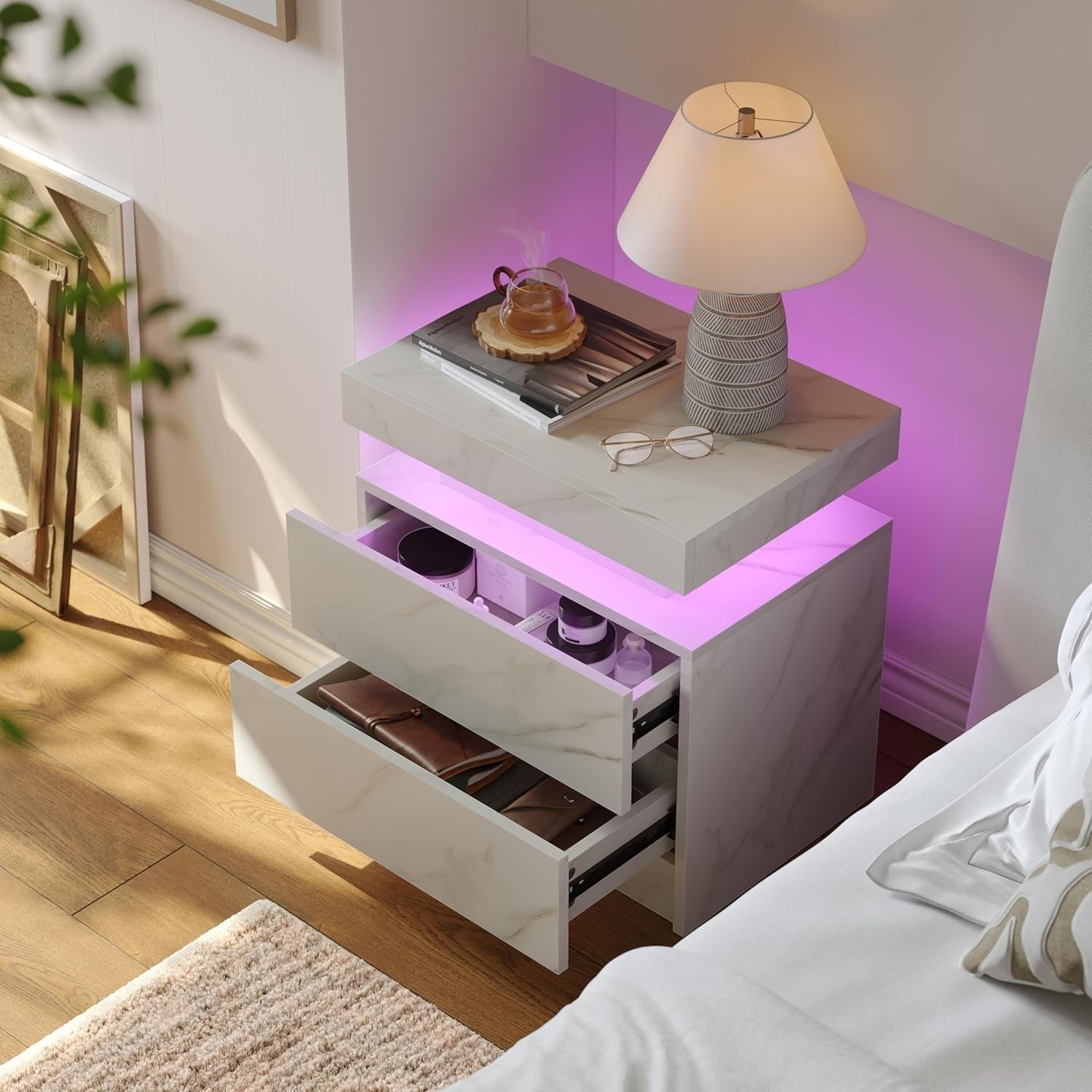 Modern Marble White LED Bedside Table with Drawers – RGB Light Nightstand