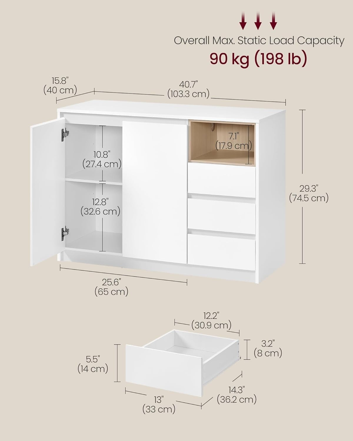 White 2 Door Sideboard with 3 Drawers & Adjustable Shelf | Storage Cabinet