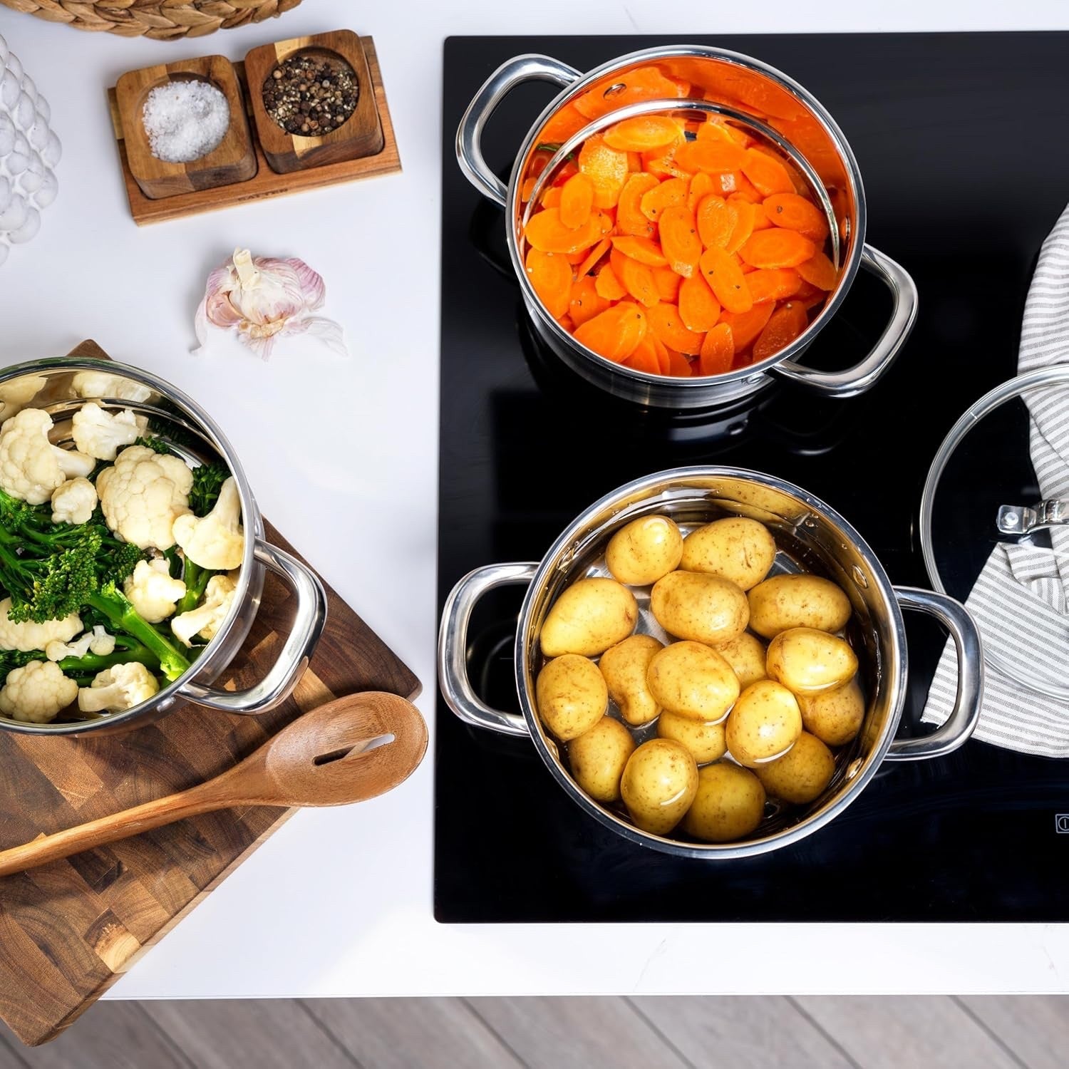 3 Tier Stainless Steel Induction Steamer Pot – 18 cm Stackable Cooking Pans