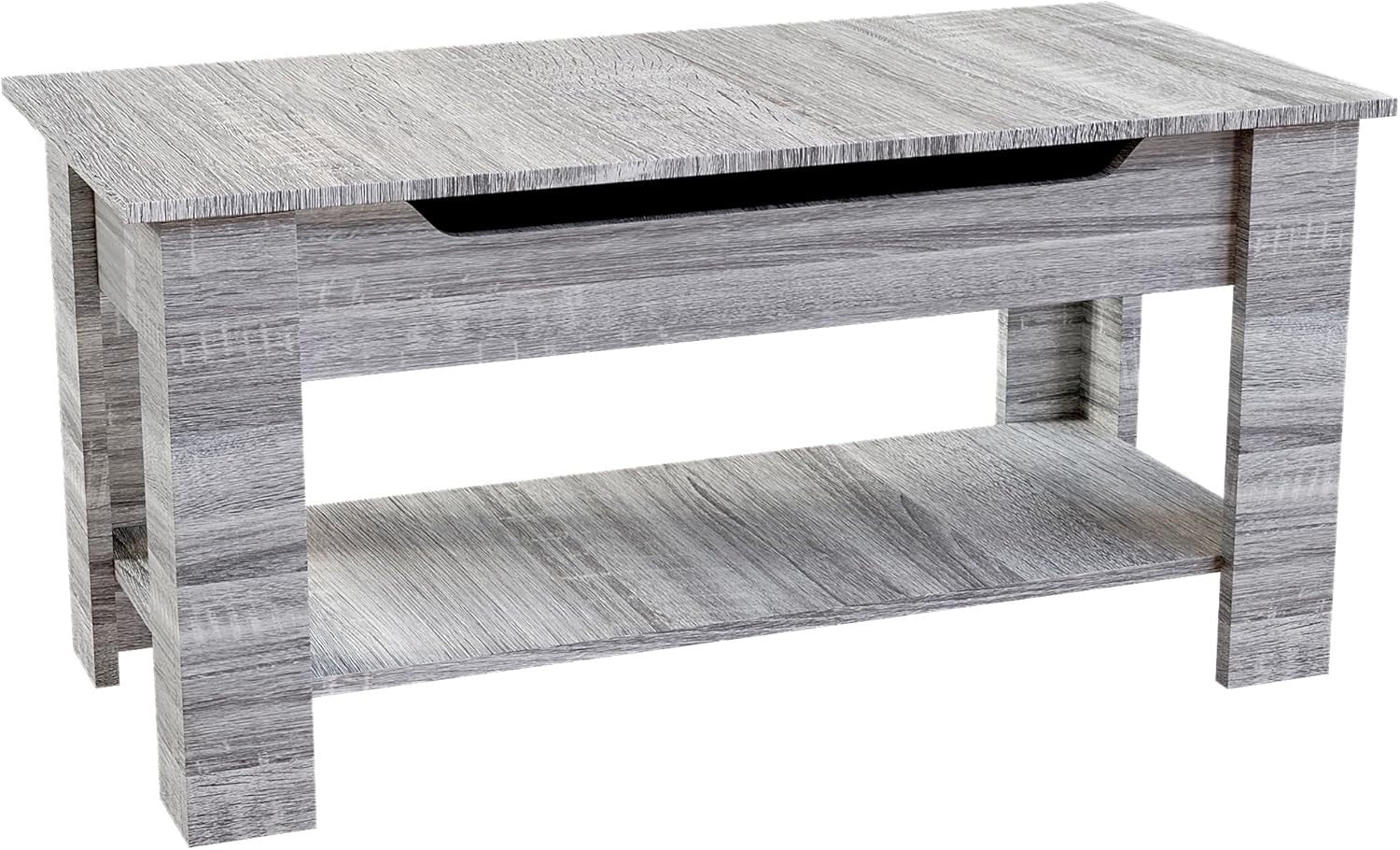 Lift Top Coffee Table with Hidden Storage & Shelf – Grey Wood – 100x48cm