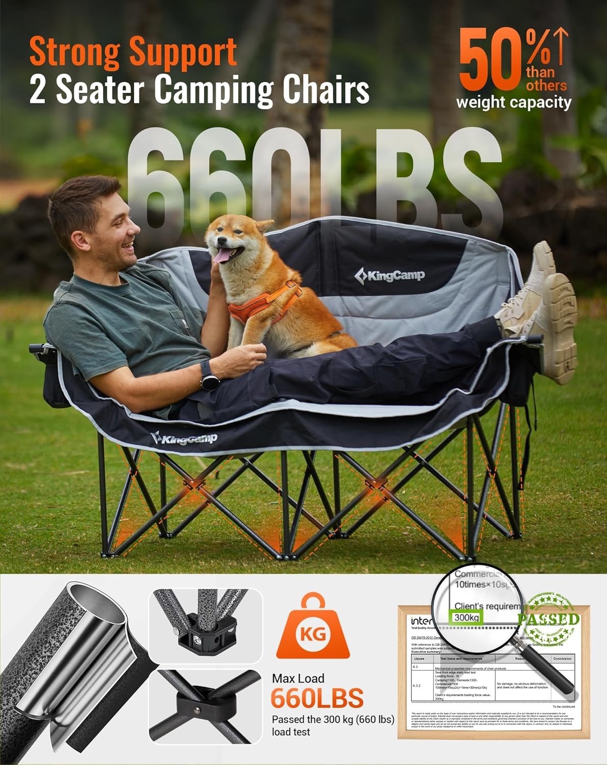 Folding 2-Seater Camping Chair Sofa 660lbs Padded w/ Cup Holders Outdoor