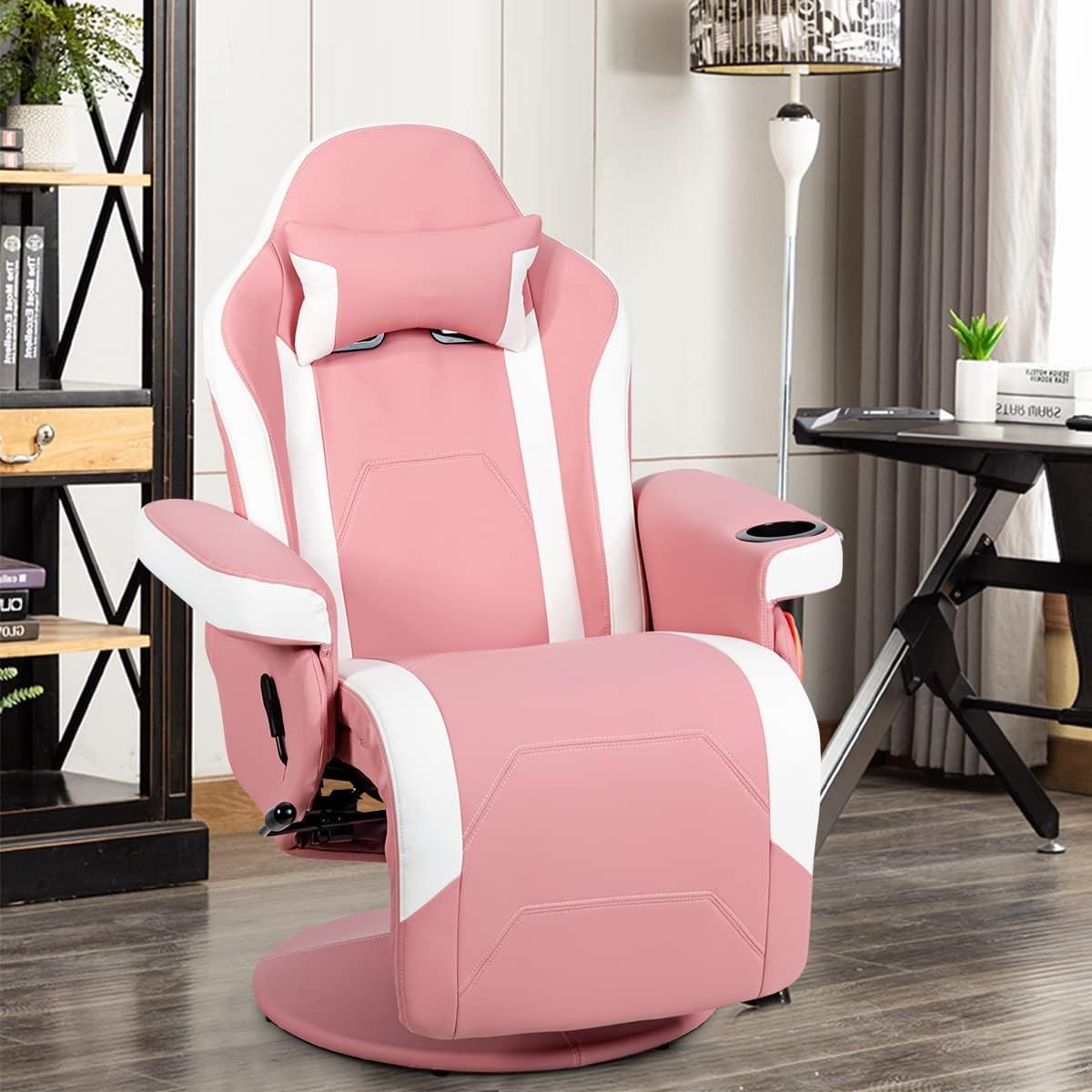 Massage Gaming Chair Recliner w/ Footrest Cup Holder Pink PU