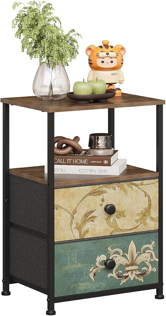Vintage 2-Drawer Chest with Open Shelf, Small Storage Cabinet, Metal Frame Unit