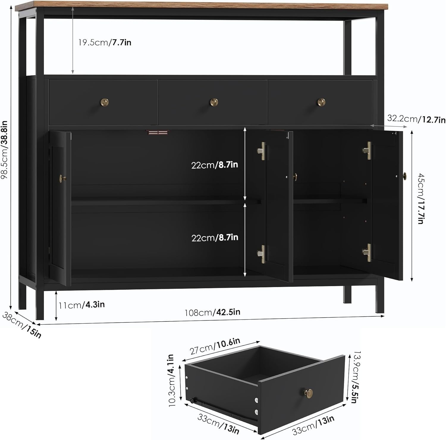 Black Sideboard Storage Cabinet 98.5cm Kitchen Cupboard Drawers Shelves