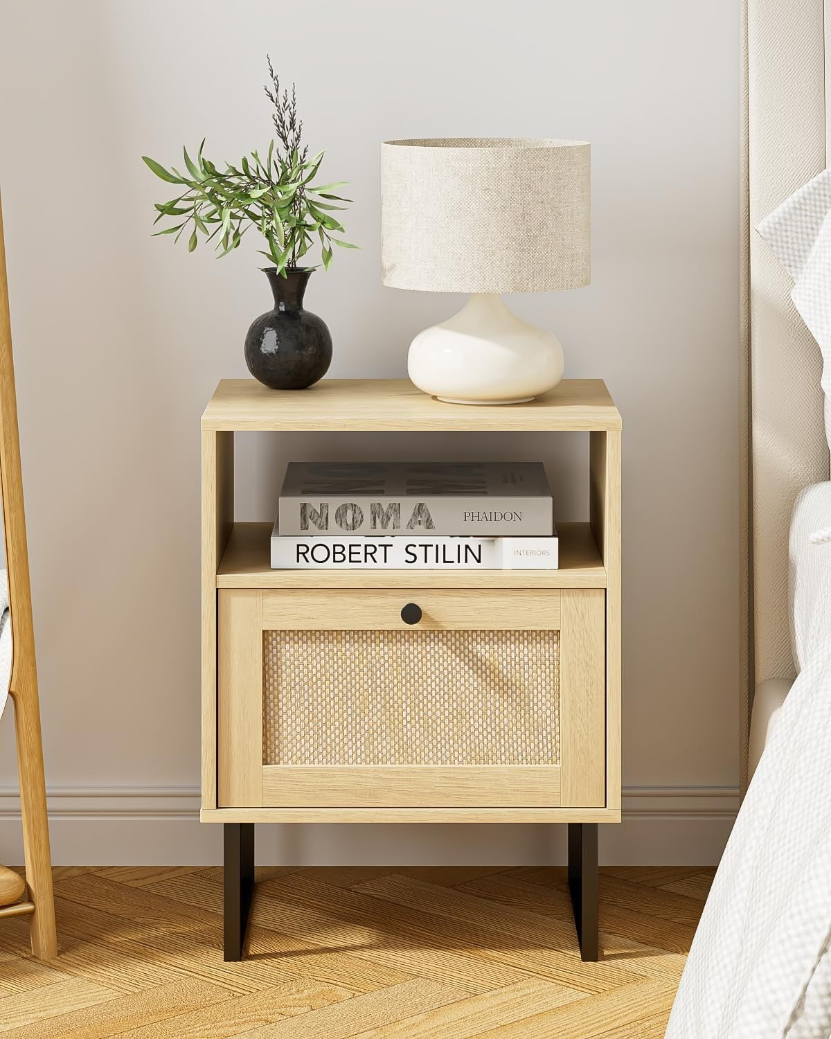 Natural Oak Rattan Bedside Table with Drawer Boho Nightstand Side Table