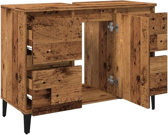 Rustic Oak Under Sink Bathroom Cabinet 80cm Vintage Vanity Unit with Drawers