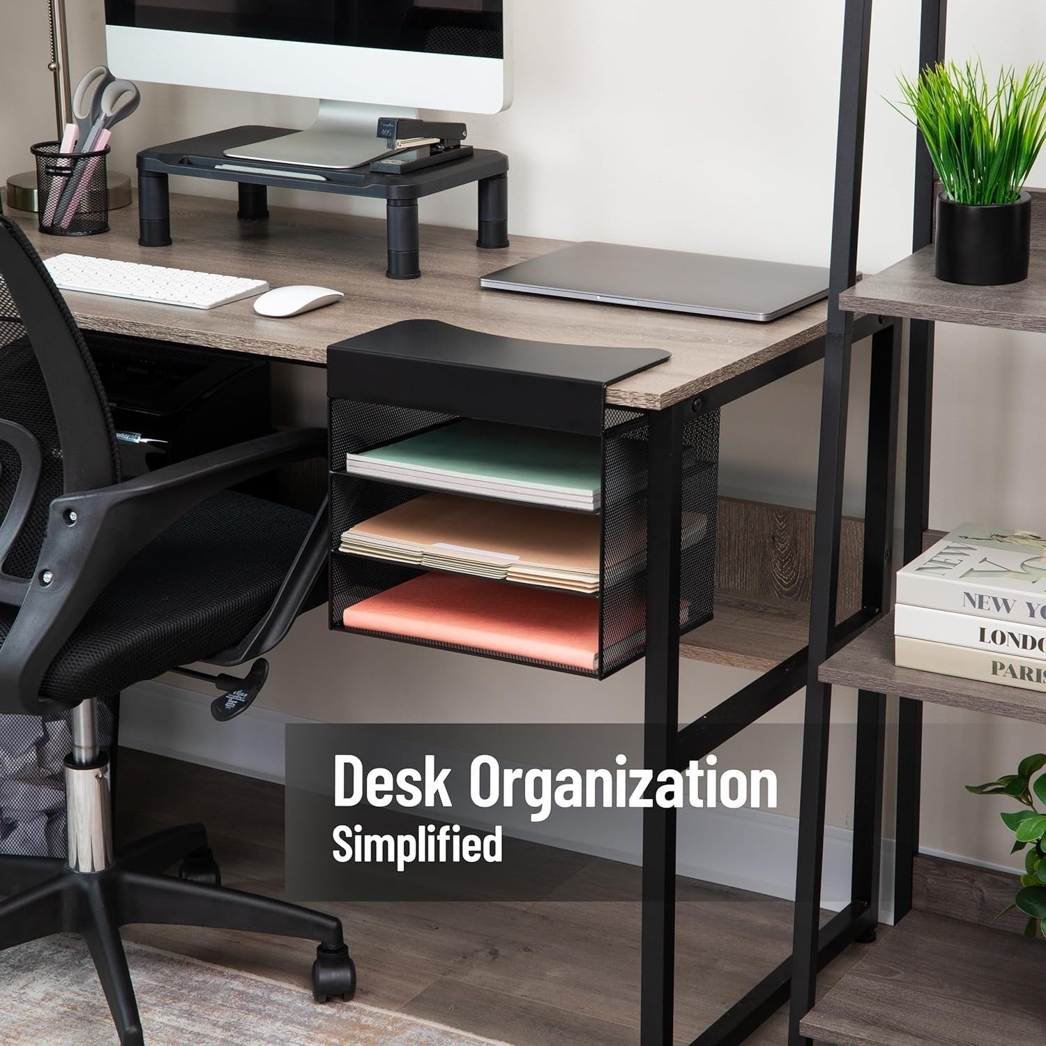 Under Desk Hanging File Organizer | Laptop, Folder, Notebook Storage, Black