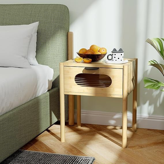 Modern Bamboo Bedside Table with Drawer & Glass Front – Compact Accent