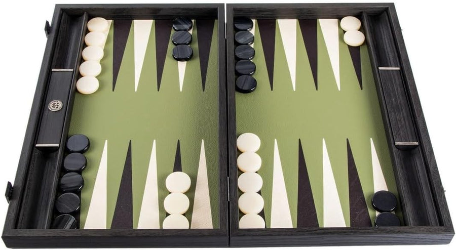 19” Luxury Backgammon Set Olive Green Faux Leather Wooden Foldable Board