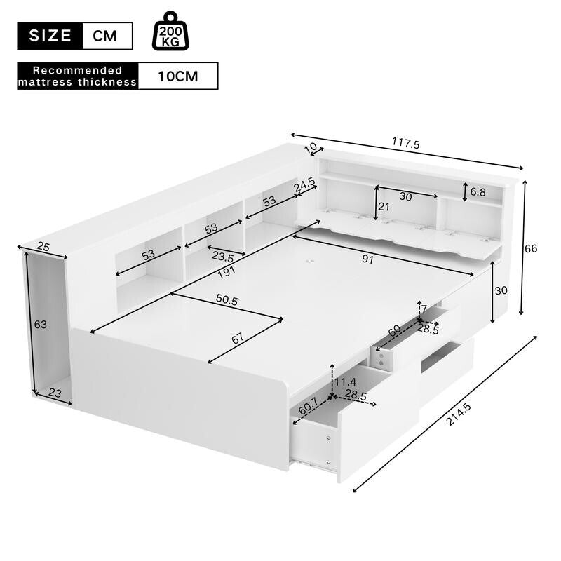 White Kids Single Storage Bed 3FT with Drawers Shelves Bookcase Frame 90x190cm