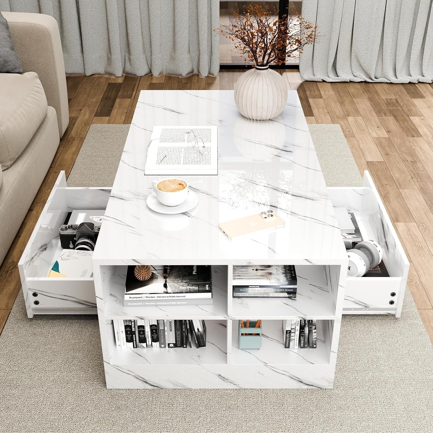 Blisswood LED Coffee Table with 2 Drawers, Open Shelf & High Gloss White Marble