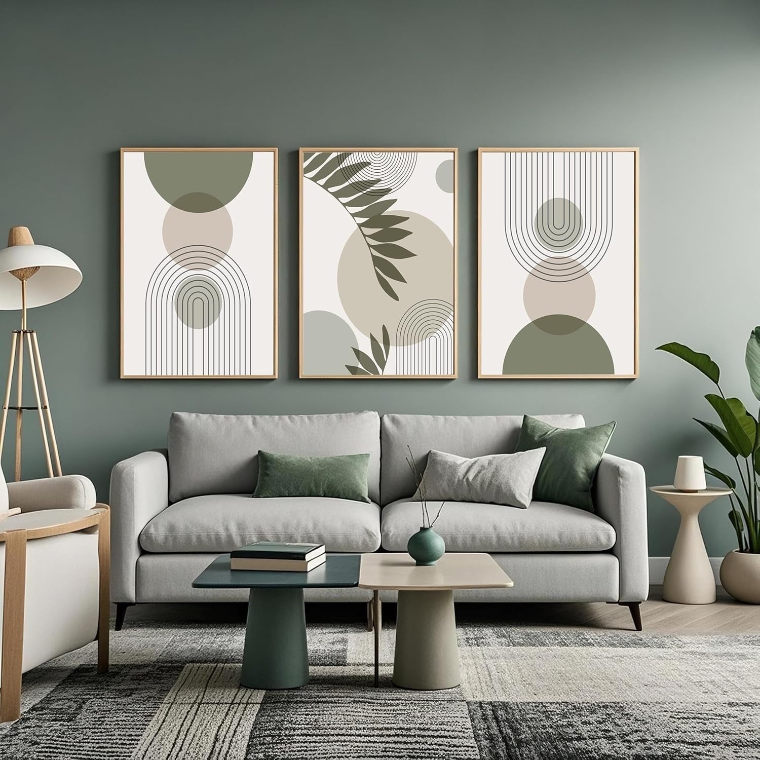 Sage Green Canvas Wall Art Set of 3 Boho Abstract Prints 60x90cm Unframed