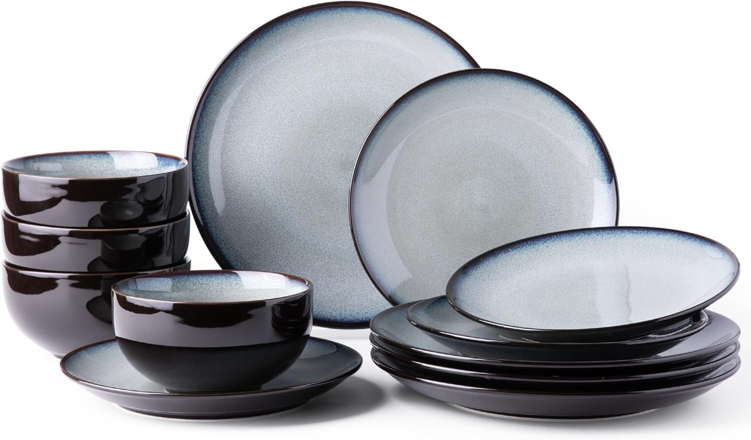 12pc Stoneware Dinner Set Plates Bowls Dishwasher Microwave Safe Blue