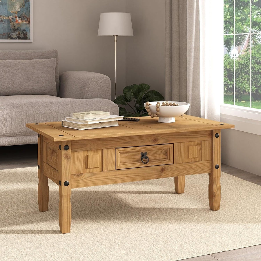 Solid Pine Coffee Table with Drawer & Wax Finish, Rectangular 95x50cm