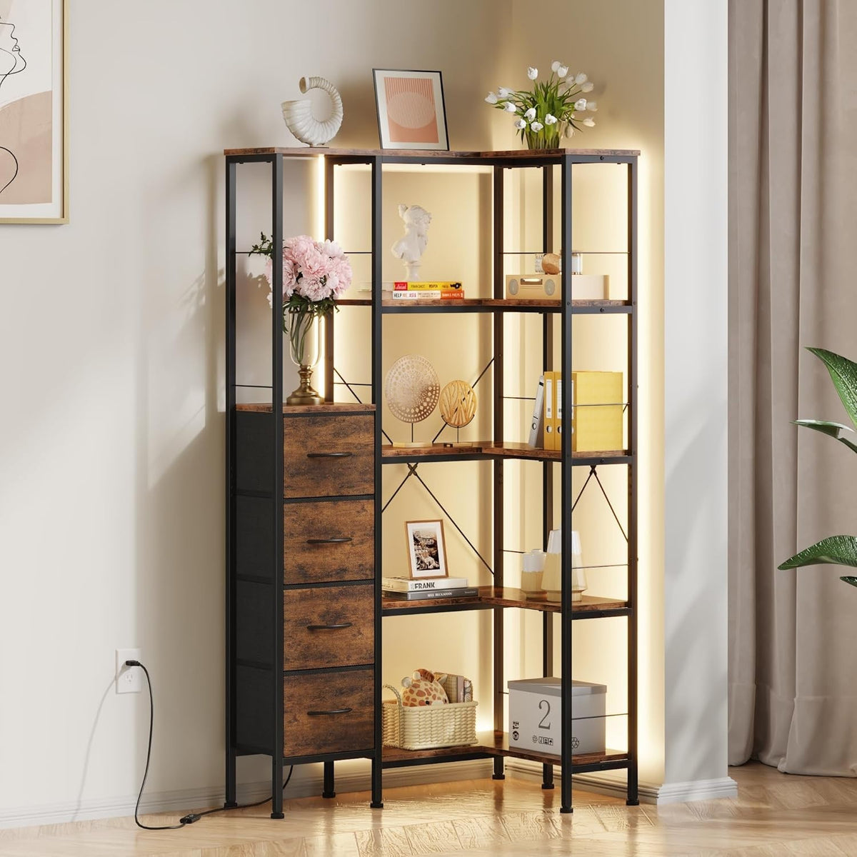 6 Tier Corner Bookcase with LED Lights & Drawers Rustic Modern Storage Shelf