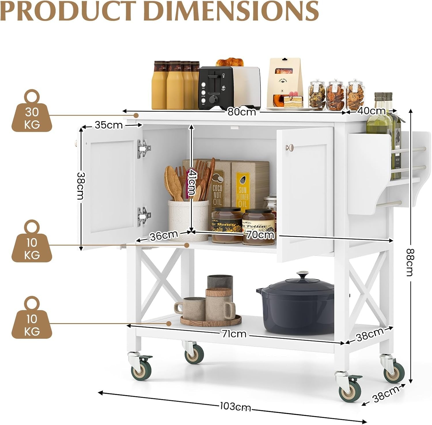 Kitchen Island Trolley on Wheels with Cabinet, Spice Rack & Towel Rail
