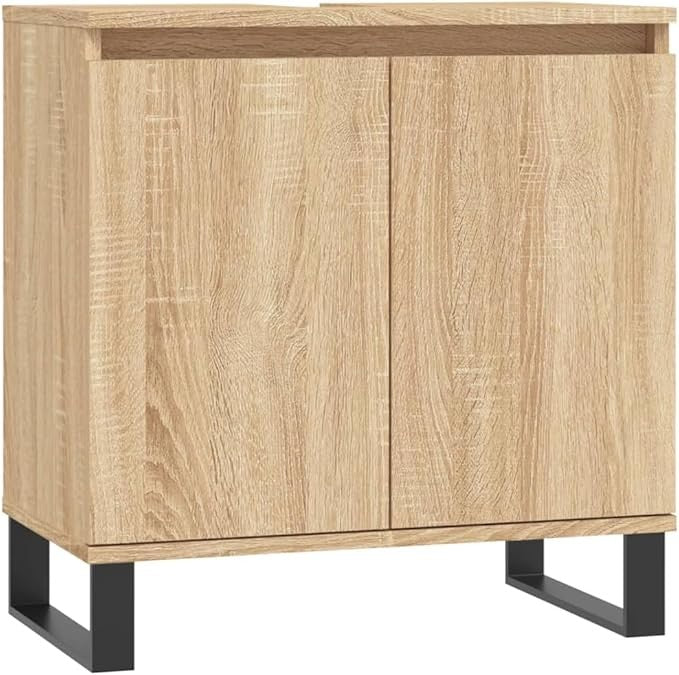 Brown Under Sink Bathroom Cabinet 58cm Modern Vanity Unit with Doors & Metal Leg
