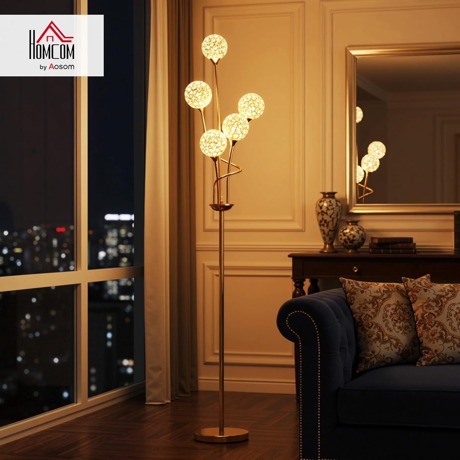 5 Light Gold Floor Lamp Modern Standing Crystal Shades Living Room Bedroom