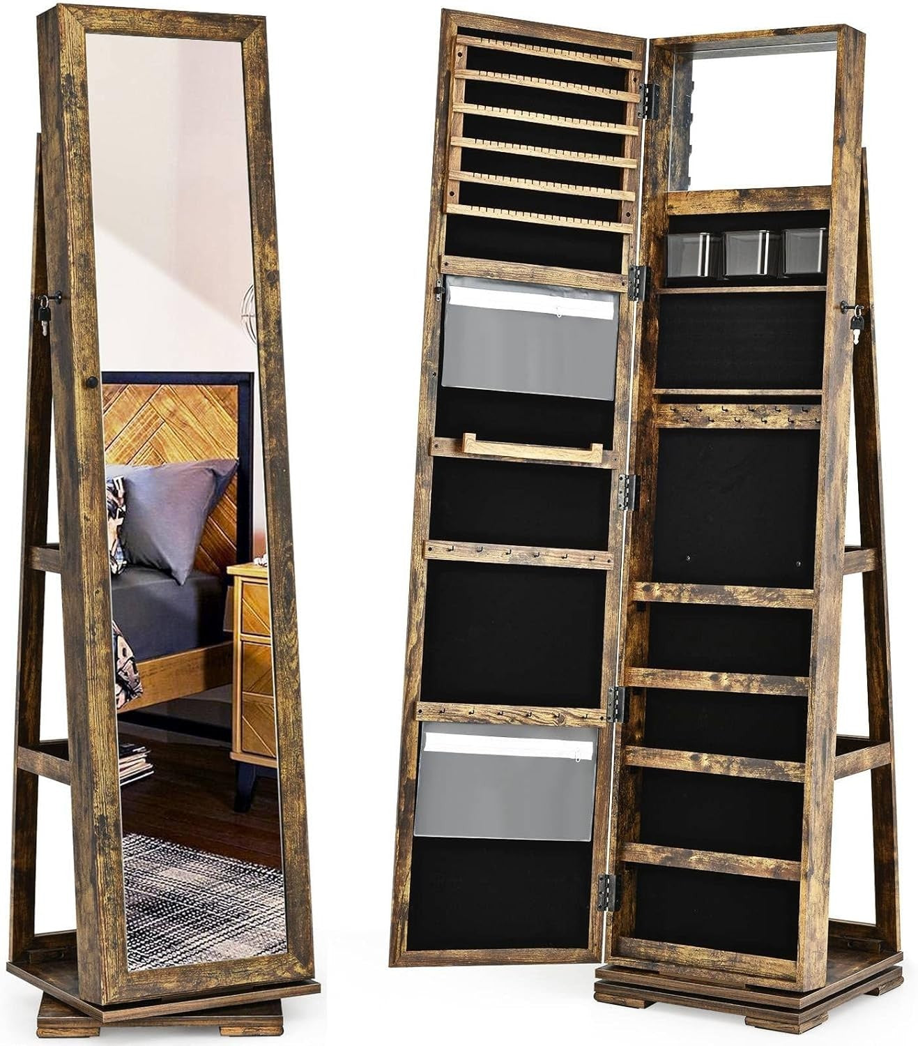 Rustic Brown 360° Swivel Jewelry Cabinet Mirror Lockable 3-in-1 Storage