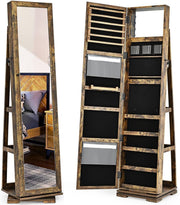 Rustic Brown 360° Swivel Jewelry Cabinet Mirror Lockable 3-in-1 Storage