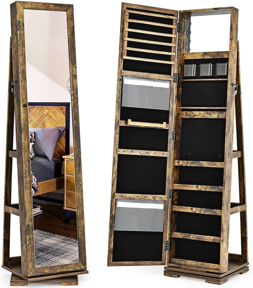 Rustic Brown 360° Swivel Jewelry Cabinet Mirror Lockable 3-in-1 Storage
