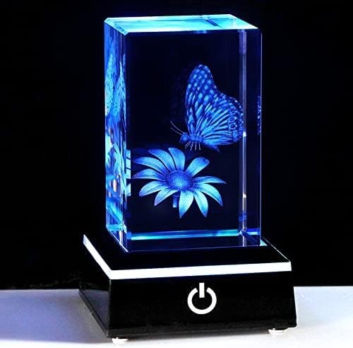 3D Crystal Butterfly Flower LED Ornament Gift – Light Up Glass Keepsake Decor