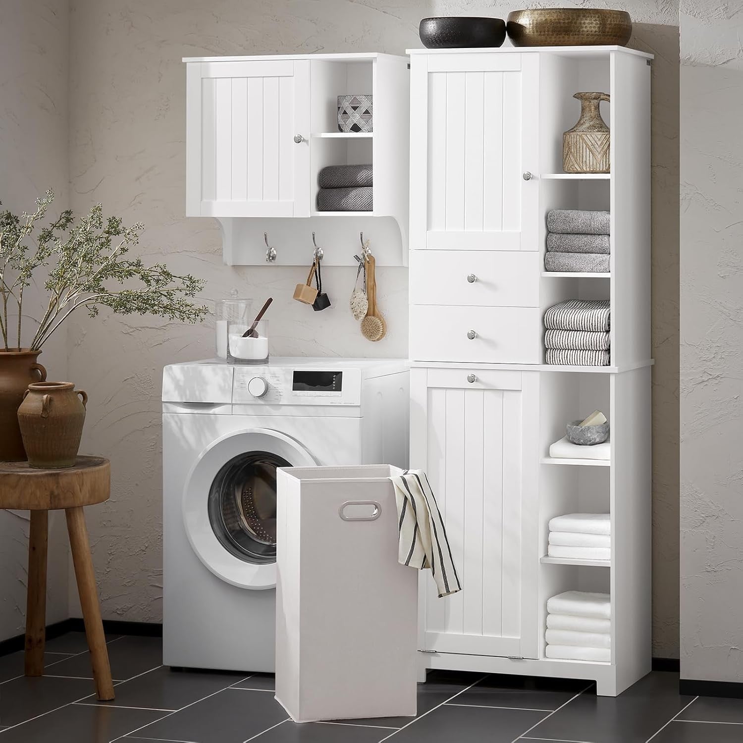 Tall Slim Bathroom Storage Cabinet with Laundry Basket Shelves White