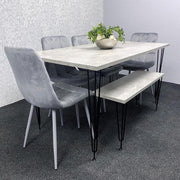 Grey Dining Table Set with 4 Velvet Chairs & Bench Hairpin Legs 140cm