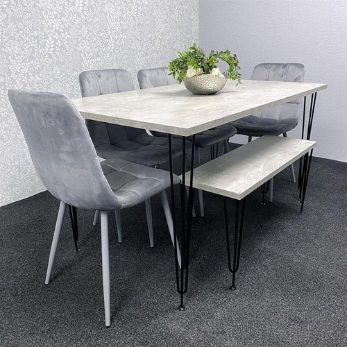 Grey Dining Table Set with 4 Velvet Chairs & Bench Hairpin Legs 140cm
