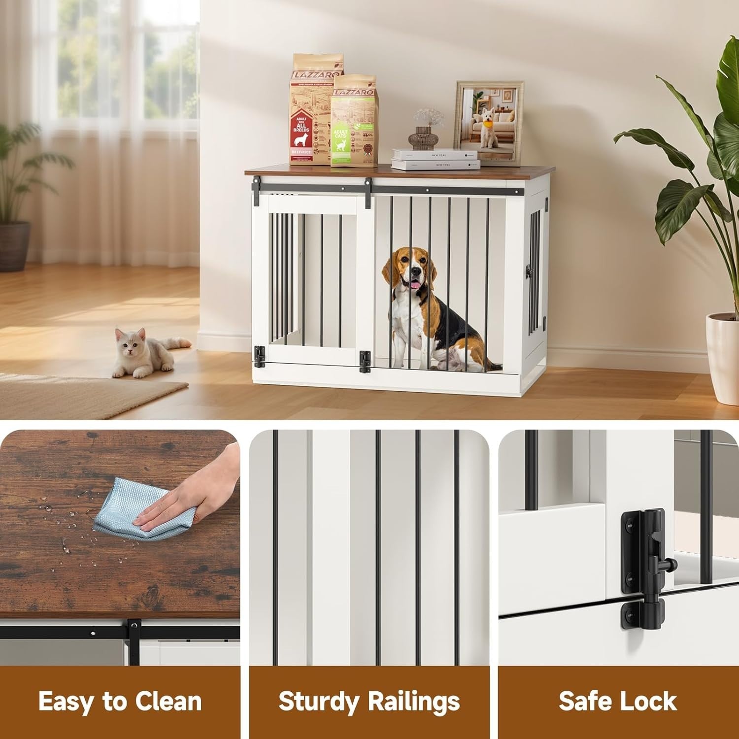 Medium Wooden Dog Crate Furniture 94x63x76cm Indoor Kennel, Sliding Lockable Doo