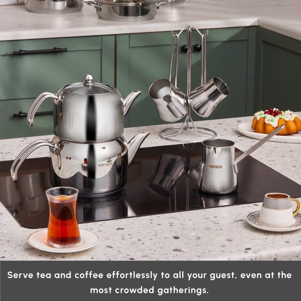 15pcs Stainless Steel Cookware Pot & Turkish Tea Coffee Set Induction Safe